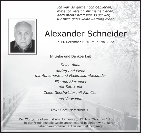 Traueranzeige von Alexander Schneider 