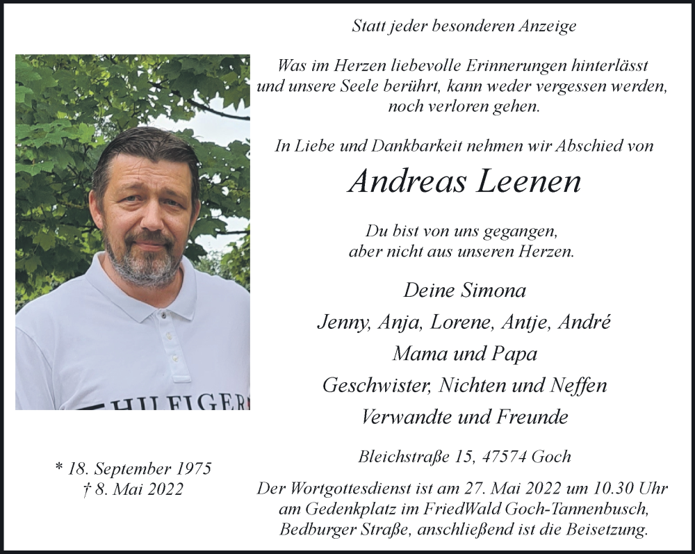  Traueranzeige für Andreas Leenen vom 21.05.2022 aus 