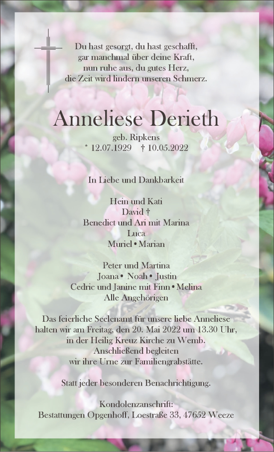 Traueranzeige von Anneliese Derieth 