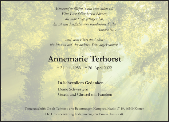 Traueranzeige von Annemarie Terhorst 