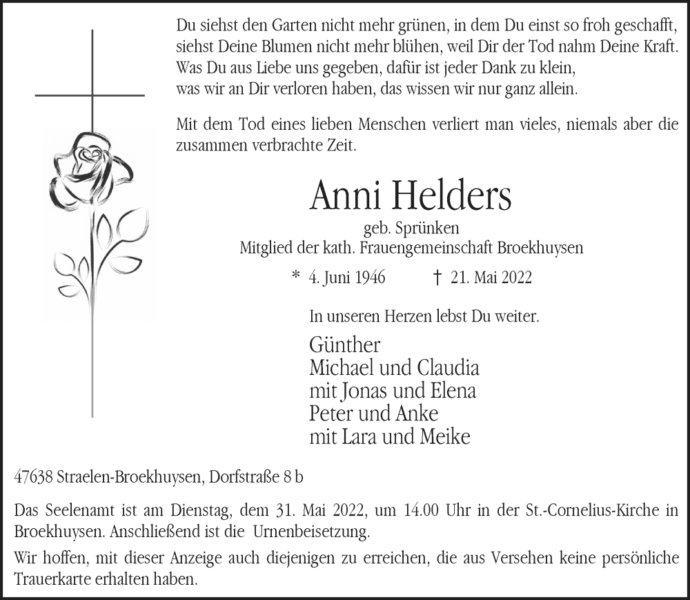  Traueranzeige für Anni Helders vom 28.05.2022 aus 