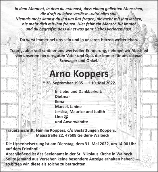Traueranzeige von Arno Koppers 