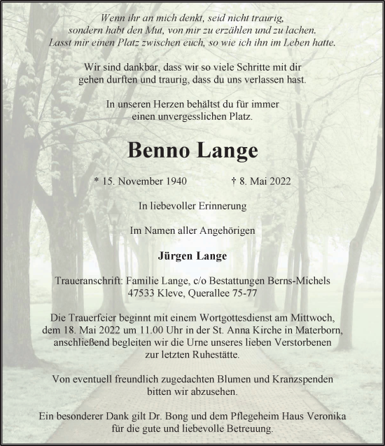 Traueranzeige von Benno Lange 