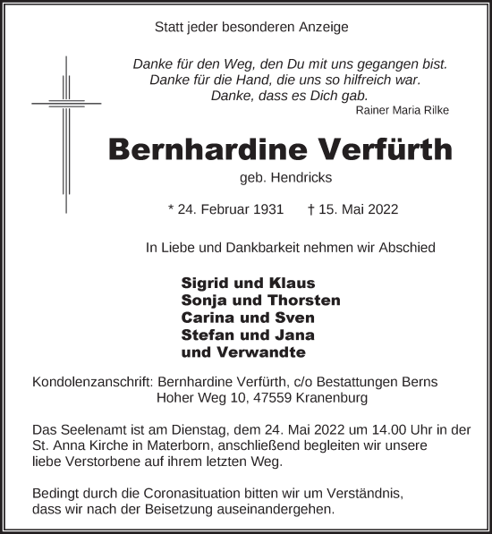 Traueranzeige von Bernhardine Verfürth 