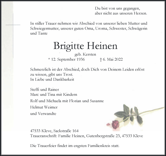Traueranzeige von Brigitte Heinen 