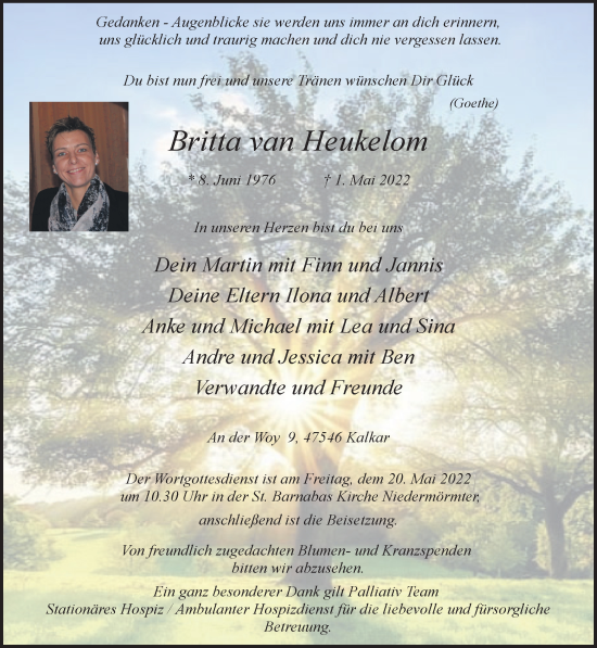 Traueranzeige von Britta van Heukelom 