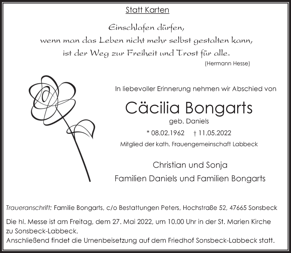  Traueranzeige für Cäcilia Bongarts vom 21.05.2022 aus 