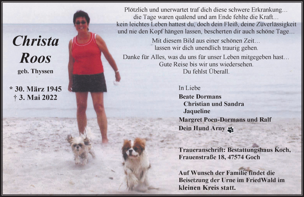  Traueranzeige für Christa Roos vom 07.05.2022 aus 