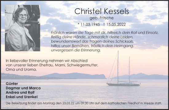 Traueranzeige von Christel Kessels 