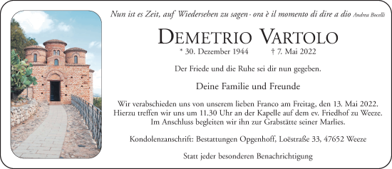 Traueranzeige von Demetrio Vartolo 