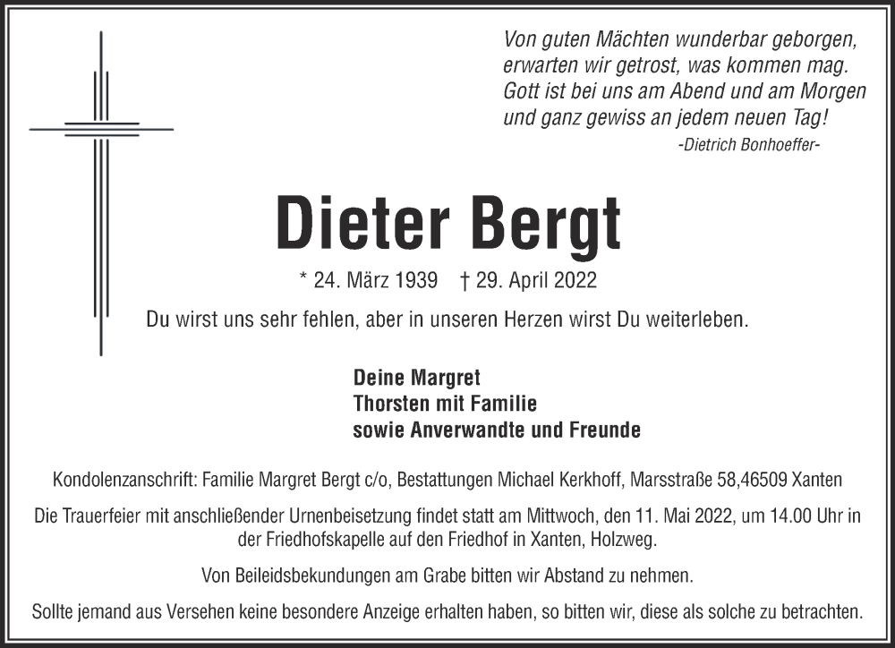  Traueranzeige für Dieter Bergt vom 07.05.2022 aus 