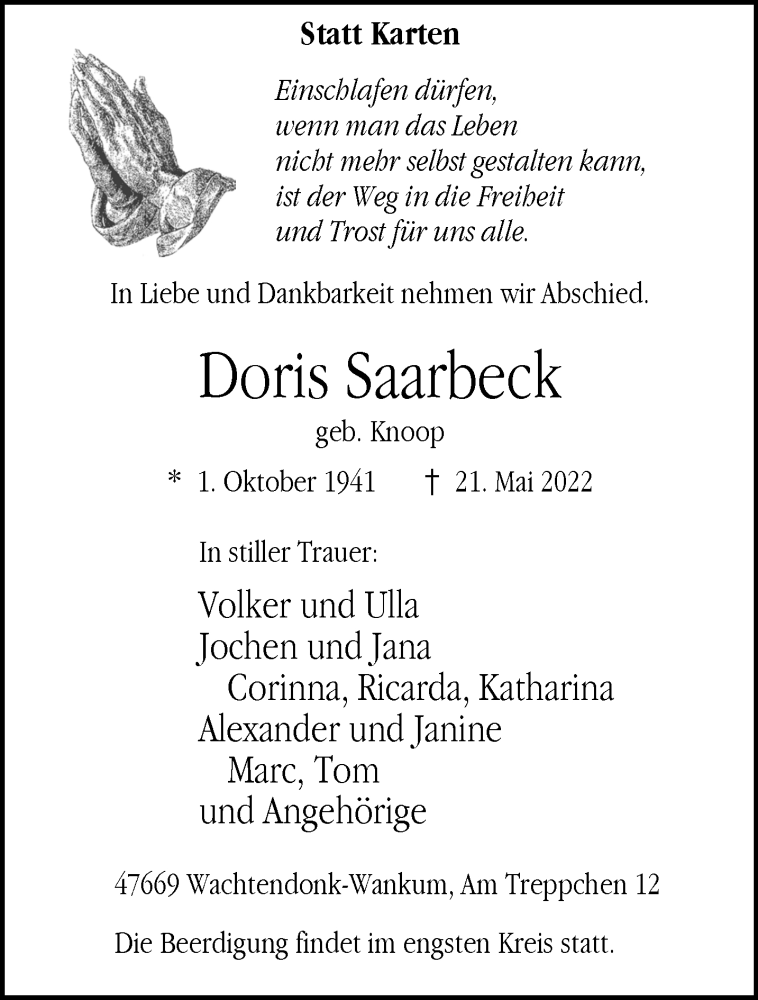  Traueranzeige für Doris Saarbeck vom 25.05.2022 aus 