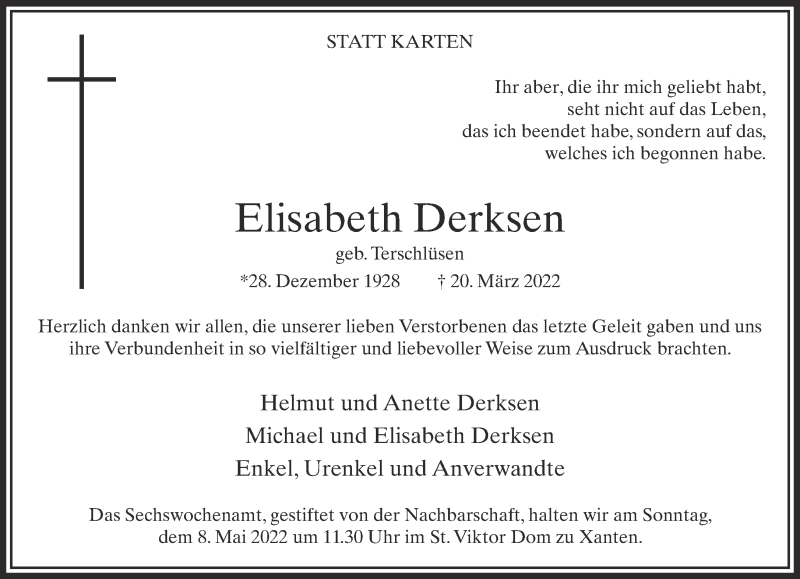 Traueranzeige für Elisabeth Derksen vom 30.04.2022 aus 