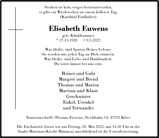 Traueranzeige von Elisabeth Euwens 
