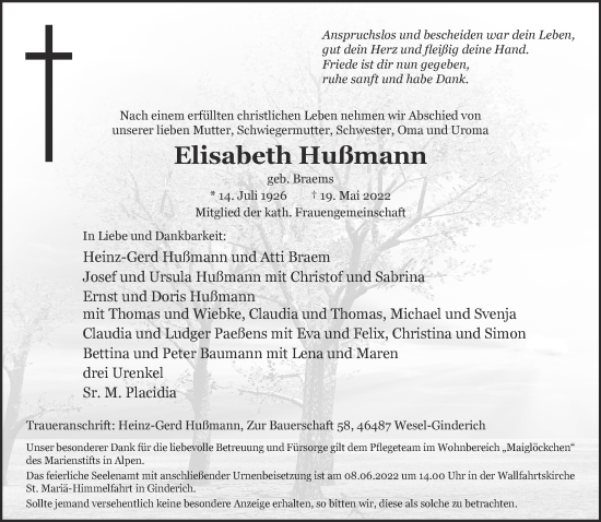 Traueranzeige von Elisabeth Hußmann 