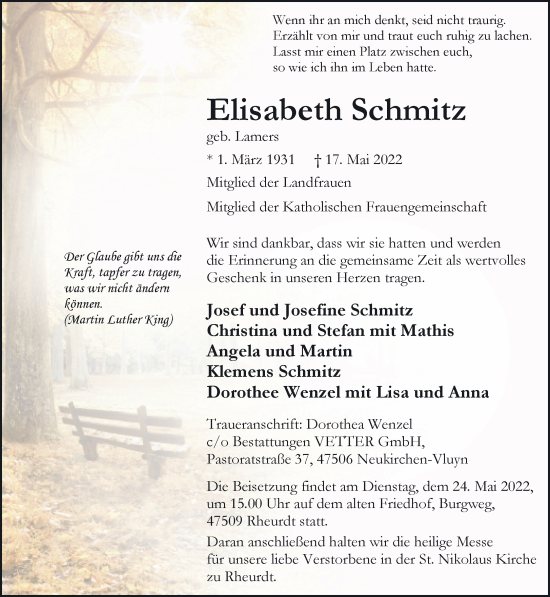 Traueranzeige von Elisabeth Schmitz 
