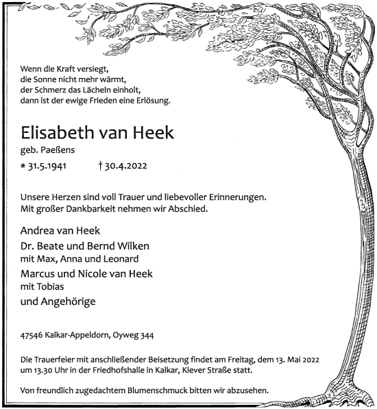 Traueranzeige von Elisabeth van Heek 