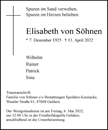 Traueranzeige von Elisabeth von Söhnen 