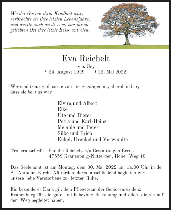 Traueranzeige von Eva Reichelt 