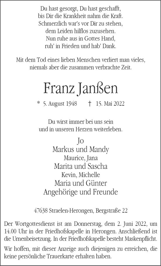 Traueranzeige von Franz Janßen 