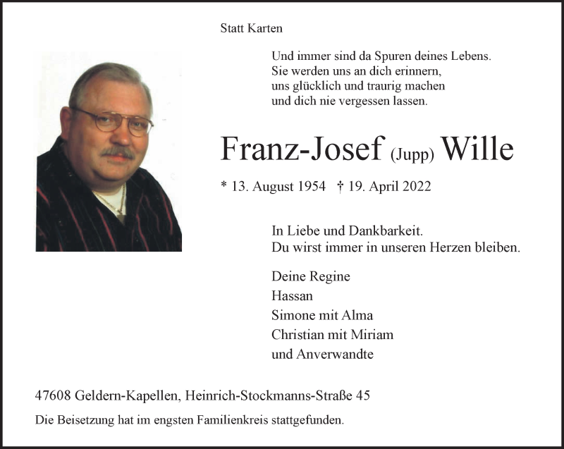  Traueranzeige für Franz-Josef Jupp Wille vom 30.04.2022 aus 