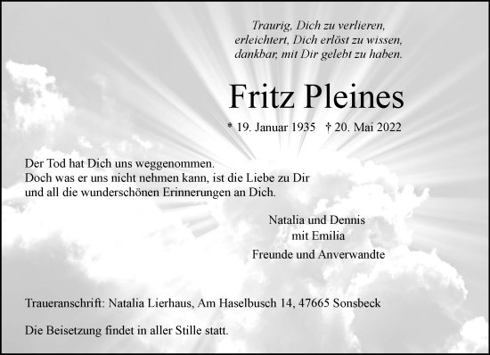 Traueranzeige von Fritz Pleines 