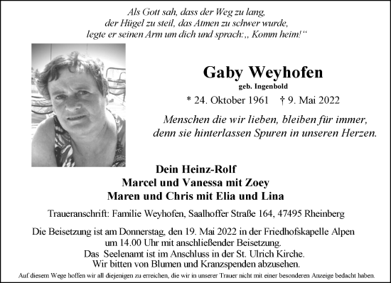 Traueranzeige von Gaby Weyhofen 