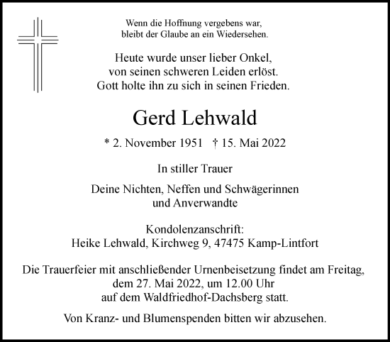 Traueranzeige von Gerd Lehwald 