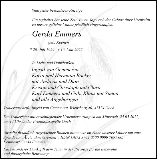 Traueranzeige von Gerda Emmers 
