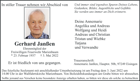 Traueranzeige von Gerhard Janßen 
