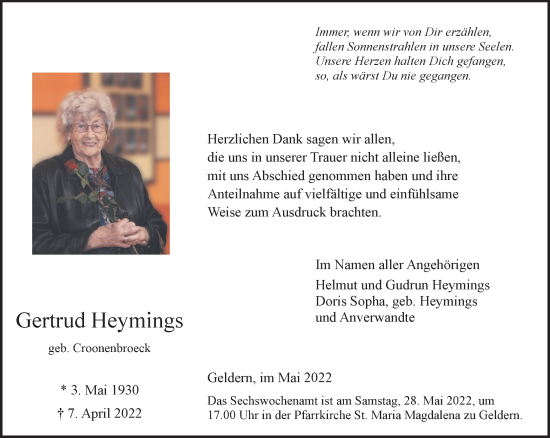 Traueranzeige von Gertrud Heymings 