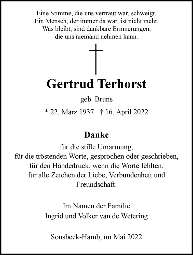  Traueranzeige für Gertrud Terhorst vom 28.05.2022 aus 