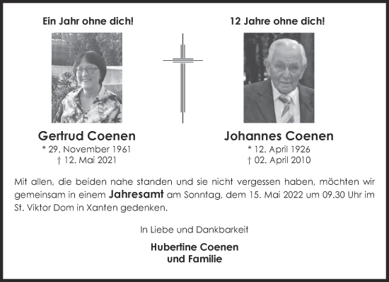 Traueranzeige von Gertrud und Johannes Coenen 