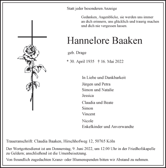 Traueranzeige von Hannelore Baaken 
