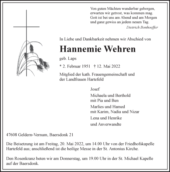 Traueranzeige von Hannemie Wehren 
