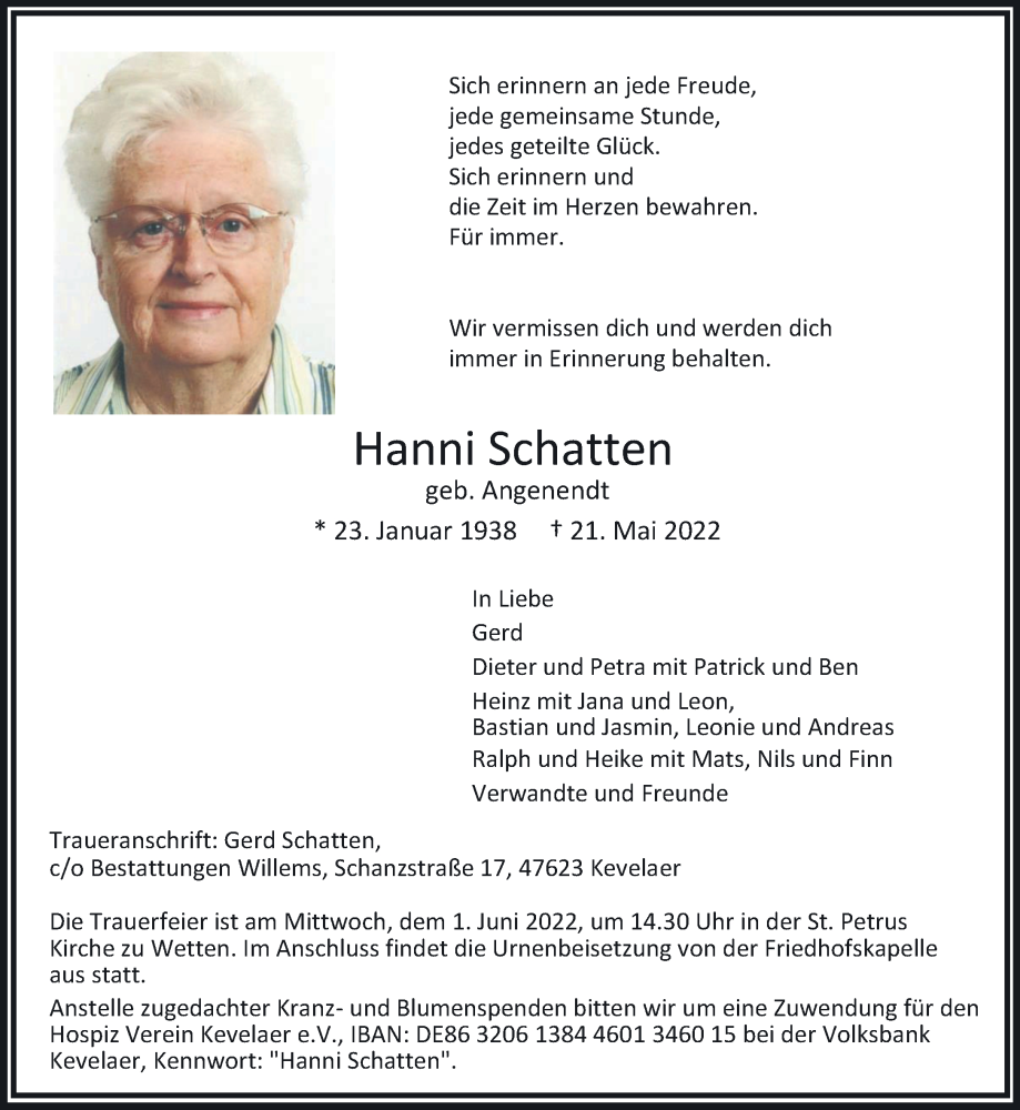  Traueranzeige für Hanni Schatten vom 28.05.2022 aus 