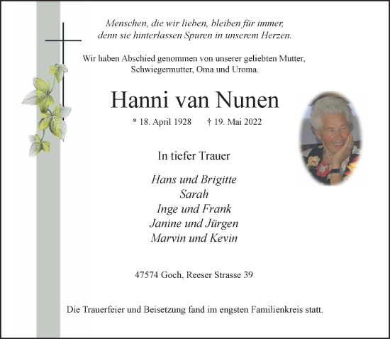 Traueranzeige von Hanni van Nunen 