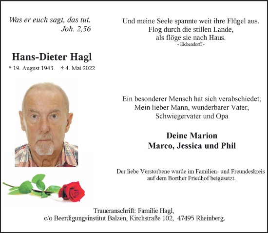 Traueranzeige von Hans-Dieter Hagl 