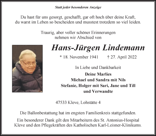 Traueranzeige von Hans-Jürgen Lindemann 