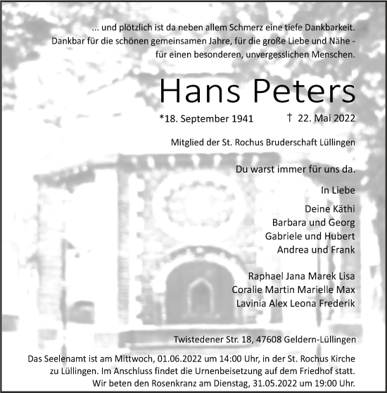 Traueranzeige von Hans Peters 