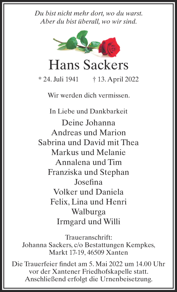  Traueranzeige für Hans Sackers vom 30.04.2022 aus 