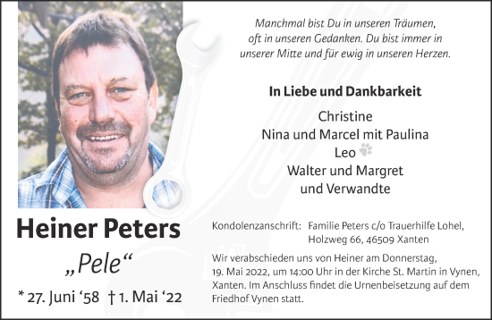 Traueranzeige von Heiner Peters 