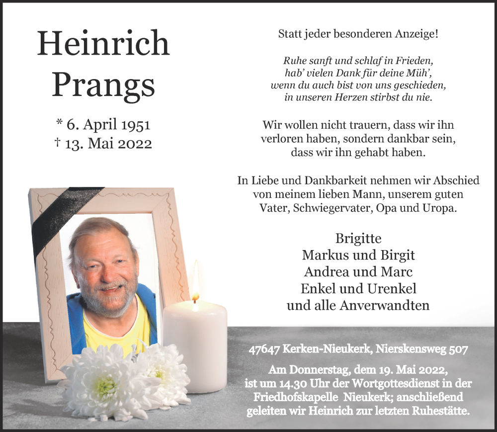  Traueranzeige für Heinrich Prangs vom 18.05.2022 aus 