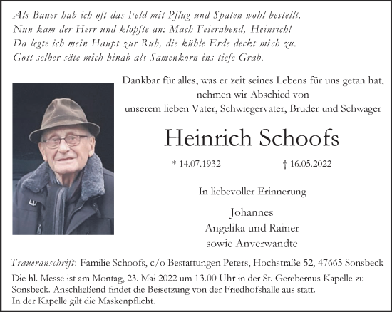 Traueranzeige von Heinrich Schoofs 