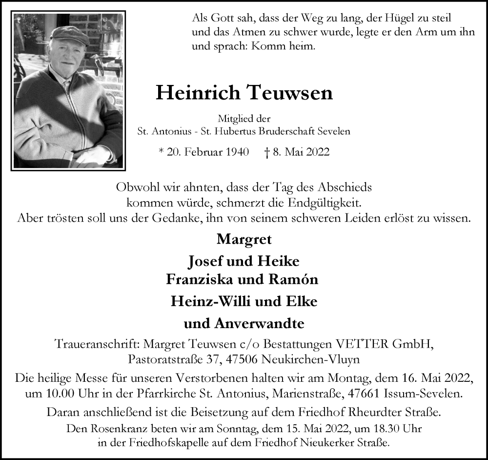  Traueranzeige für Heinrich Teuwsen vom 14.05.2022 aus 
