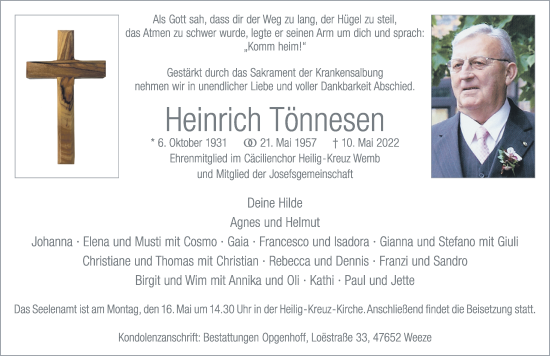 Traueranzeige von Heinrich Tönnesen 