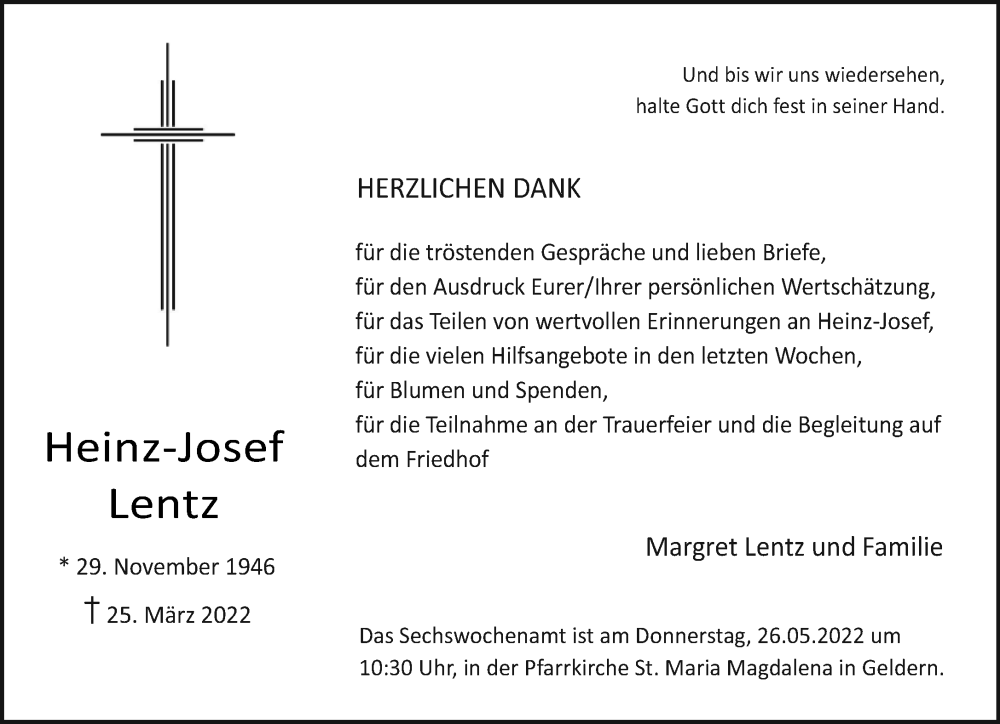  Traueranzeige für Heinz-Josef Lentz vom 21.05.2022 aus 