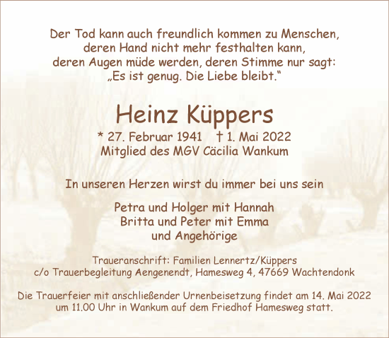 Traueranzeige von Heinz Küppers 