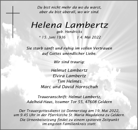 Traueranzeige von Helena Lambertz 