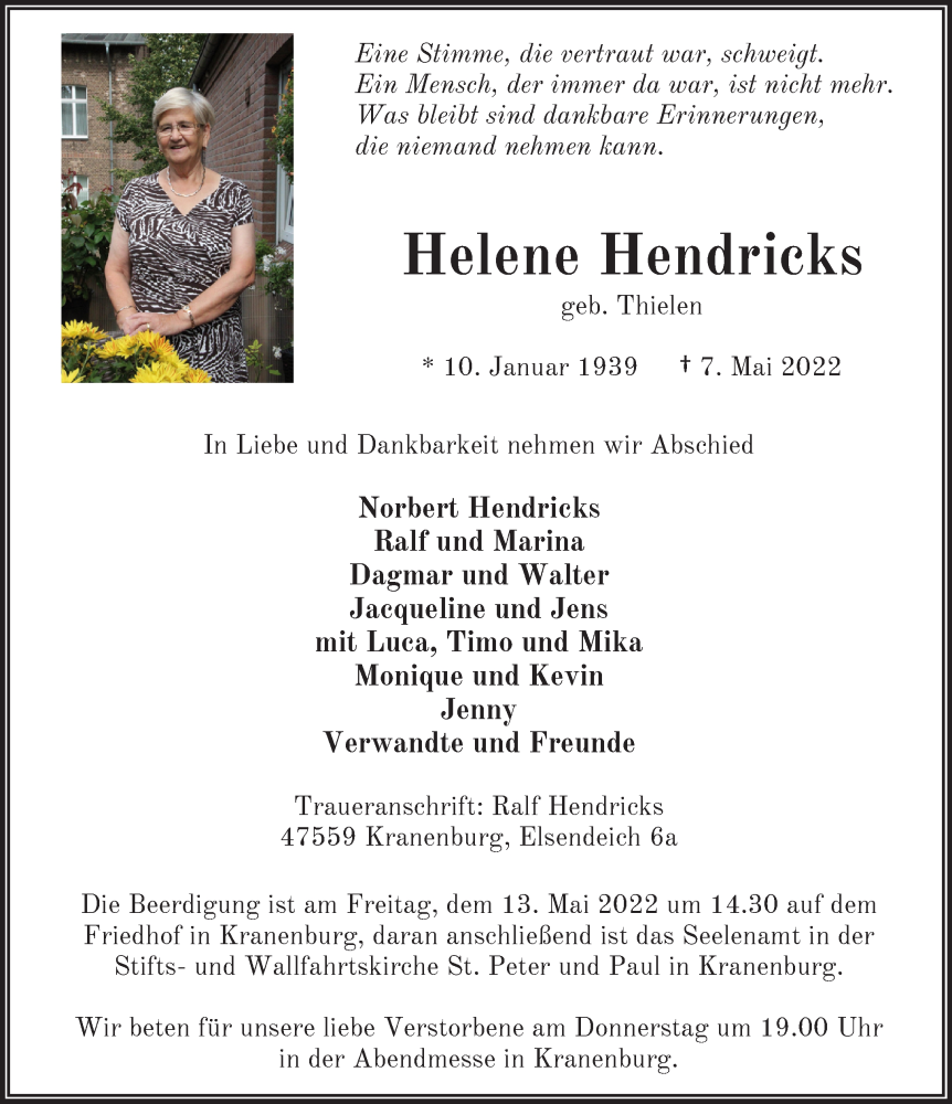  Traueranzeige für Helene Hendricks vom 11.05.2022 aus 